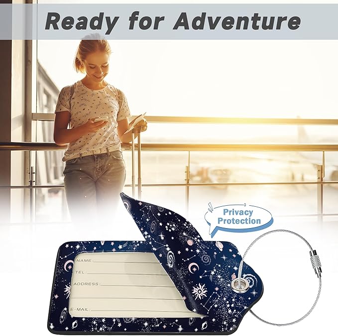 Space Moon Luggage Tags for Suitcases,2 Pack Planets Luggage Tag,Leather Stainless Steel Loop Label Tag for Women Men Girls Travel Bag Suitcase