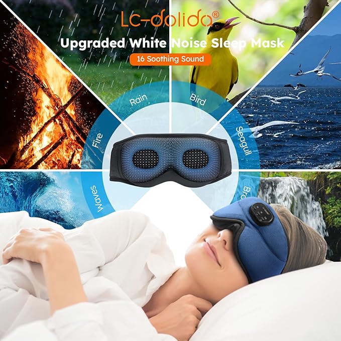 LC-dolida White Noise Sleep Mask, 3D Sleep Headphones with 16 Soothing Sounds, Bluetooth 5.4 Sleep Eye Mask with Timer, Total Blackout Sleeping Headphones for Side Sleeper(Navy)