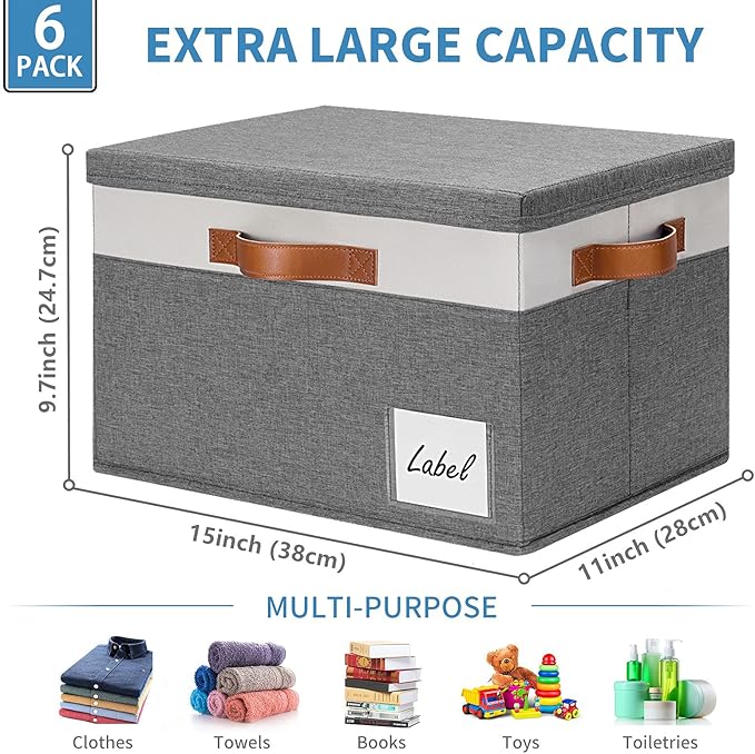 GhvyenntteS 6 Pack Fabric Storage Bins with Lid, Large Closet Storage Bins with Lid and 3 PU Handles, Foldable Fabric Storage Boxes with Label Window for Home Bedroom Office (Grey, Large)