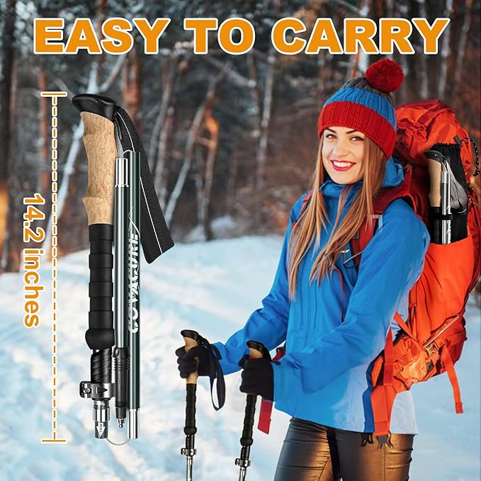COVACURE Cork Handle Trekking Poles - Collapsible Hiking Sticks with Anti-Shock Tips, Lightweight & Foldable Walking Sticks for Snow Trails & Mountain Climbs, Durable Trekking Gear for Men and Women