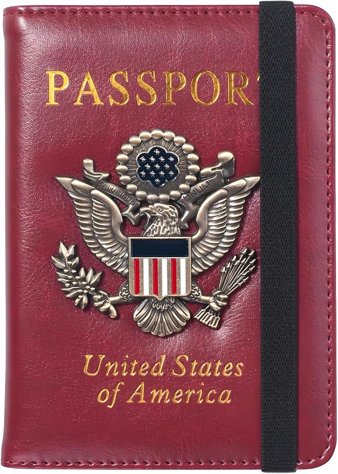 Passport Holder for Travel Passport Cover for Men Passport Wallet Case With 3D Metal Badge Protector Leather Card Case RFID Blocking Women Travel Accessories Document Organizer (Wine Red)