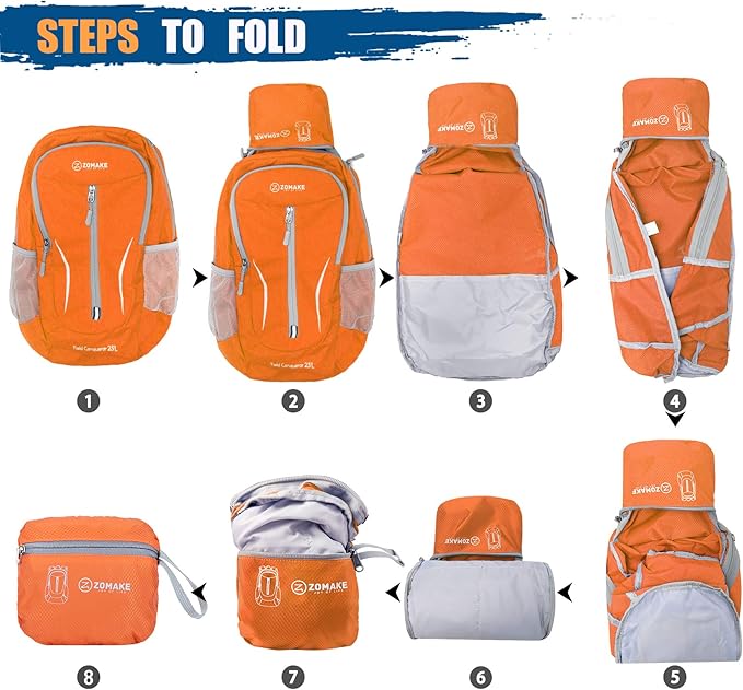 ZOMAKE Ultra Lightweight Packable Backpack 25L, Foldable Hiking Backpacks Water Resistant Small Folding Daypack for Travel(Orange)