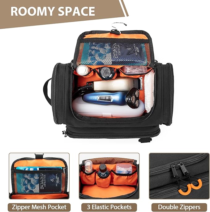 Tactical Toiletry Bag for Men, Hanging Hygiene Bag, Travel Dopp Kit Organizer for Shaving, Shower Essentials and Toiletries, Black (Empty Bag)
