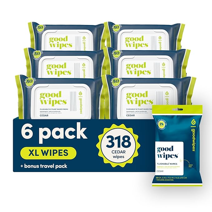 goodwipes Flushable Butt Wipes - Vitamin E & Aloe - Sewer & Septic Safe - Extra Large Adult Wet Wipes For Women & Men - Bathroom Essentials - Cedar, 318 Count (6 Packs + 1 Travel)