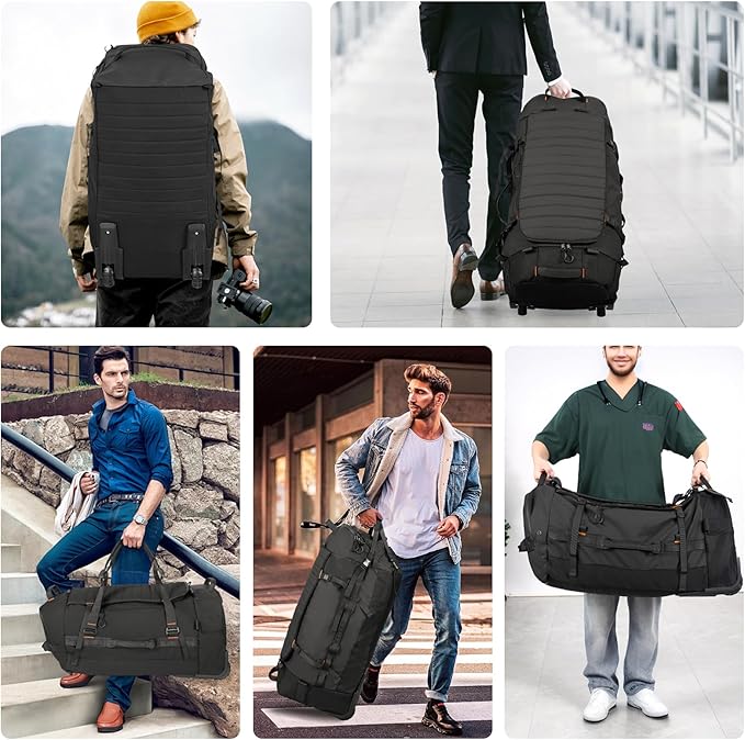 85L 29“ Foldable Rolling Backpack with Wheels, Soft-Side Travel Duffle Bag with Separate Shoe Compartment, Full Quilted Bottom, Black