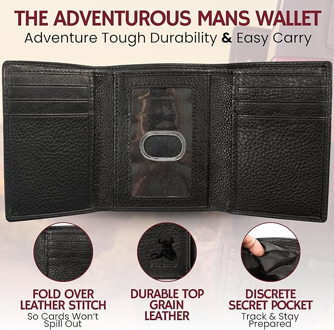BULL GUARD Mens RFID Wallet, Black Top Grain Genuine Leather, ID and Secret Pocket, Trifold for Work, Sport, Outdoors