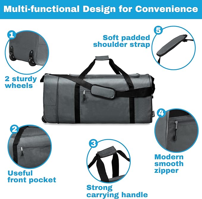 Finnhomy 100L Foldable Rolling Duffel Bag with 2 Wheels, Light Weight Travel Duffel bag with Large Loading Capacity, 32 inch Rolling Duffel bag with Shoulder Strap for Travel Camping Sports, Grey