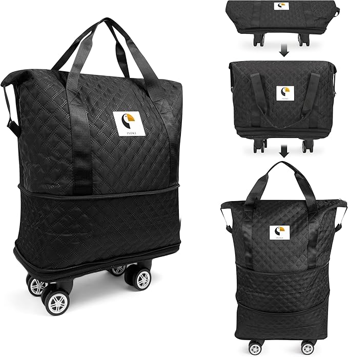 ISOKE Foldable Travel Duffel Bag - TSA Approved - With Wheels & Shoe Compartment - Weekender Bags for Women - Carry On Overnight Bag - Black - 16"×10"×24"