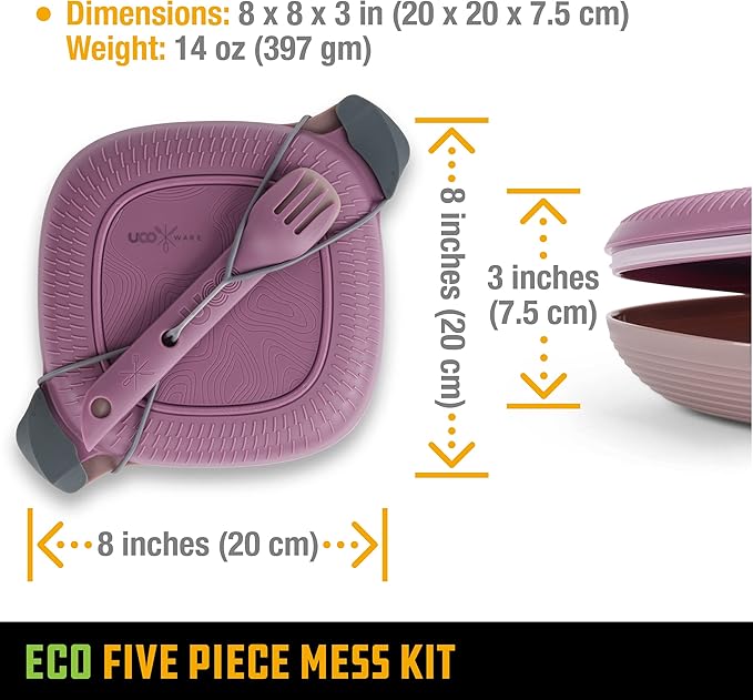 UCO Recycled ECO 5-Piece Camping Mess Kit with Bowl, Plate, Switch Spork Utensil Set