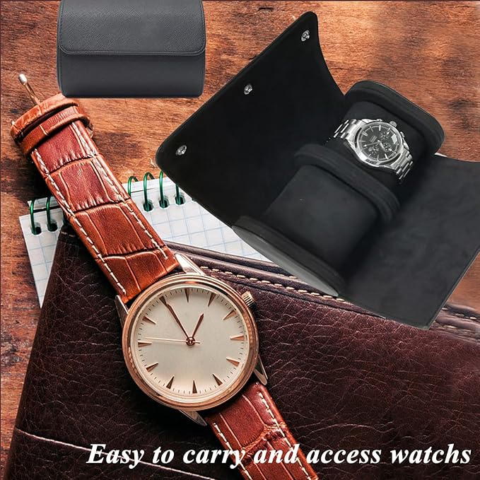 Watch Travel Case, Luxury Leather Watch Roll 2 Slot Organizer Box, Jewelry Storage Case Gifts for Man and Woman Christmas Anniversary Birthday (Black-2slot)