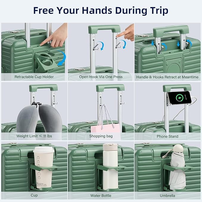 28 Inch Luggage Hard Shell Suitcases, Expandable Travel Checked Luggage 28 Inch, Large Check In Luggage with Spinner Wheels Cup Holder Charger Built in Lightweight Suitcase, Forest Green