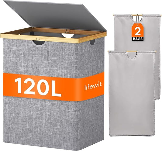 Lifewit 120L Double Laundry Hamper with Lid, Extra Large Bamboo Laundry Basket Dirty Clothes Hamper, 2 Section Laundry Bin Organizer for Laundry Room Bedroom with 2 Removable Liners & Bags,Light Gray