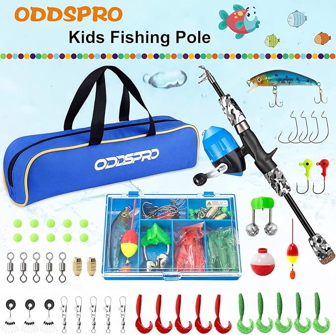 ODDSPRO Kids Fishing Pole Pink, Portable Telescopic Fishing Rod and Reel Combo Kit - with Spincast Fishing Reel Tackle Box for Girls, Youth