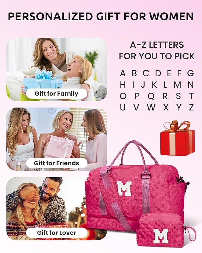 Gifts for Girls 14-16, Birthday Gift-Initial Travel Bag with Shoe Compartment, Personalized Weekender Bag, Monogram Overnight Bag for Women, Letter Travel Bag with Makeup Bag (Letter F)
