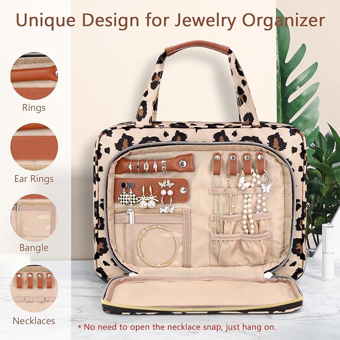 Wedama Toiletry Bag for Women, Hanging Travel Toiletry Bag with Jewelry Organizer Compartment Large Makeup Bag, PVC Waterproof Cosmetic Travel Bag Trips Camping Bathroom, Leopard Print