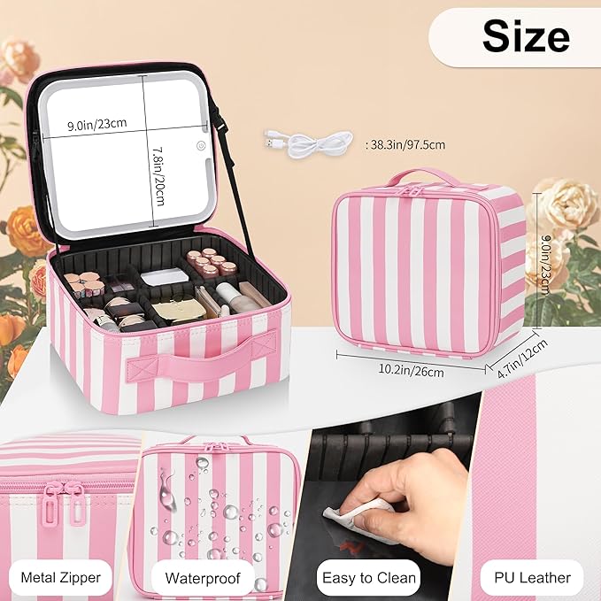 Makeup Bag With LED Mirror, Travel Makeup Case with Light up Mirror Large Cosmetic Case with 3 Color Lighted Portable Organizer Bag with Adjustable Dividers (Pink/White Stripes, Small)