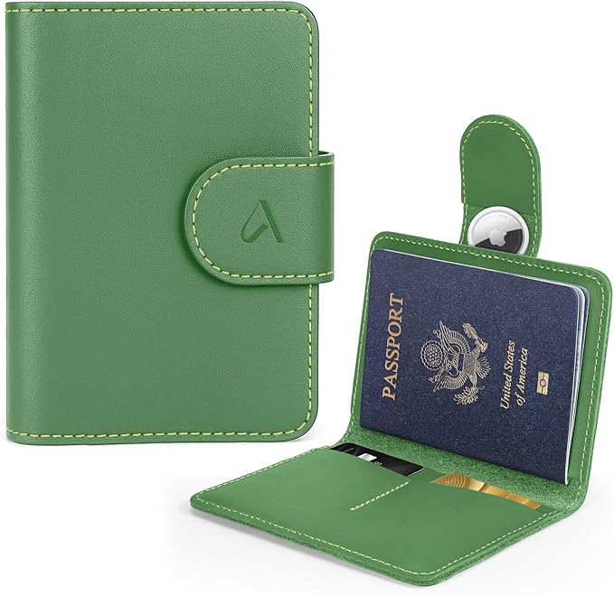 ALLIVE Rfid Passport Holder for Travel, Women, Rfid Passport Cover Wallet, Genuine Leather Passport Holder for Travel with AirTag Hidden, Airport Essentials, Travel Gifts (Avocado Green)