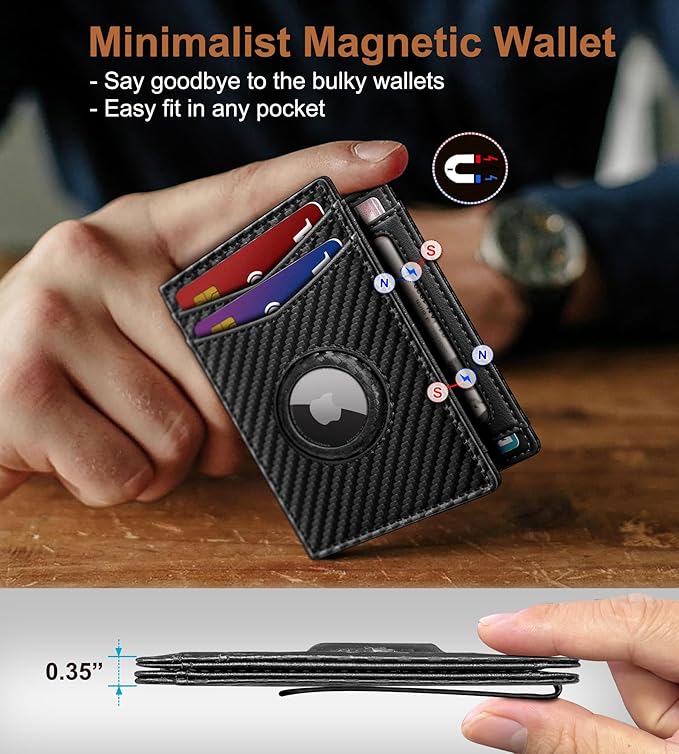 Airtag Wallet for Men- with Money Clip Gift Boxed, Magnetic Closure Slim Genuine Leather Front Pocket Wallet, 4.1"x 2.8", RFID Blocking