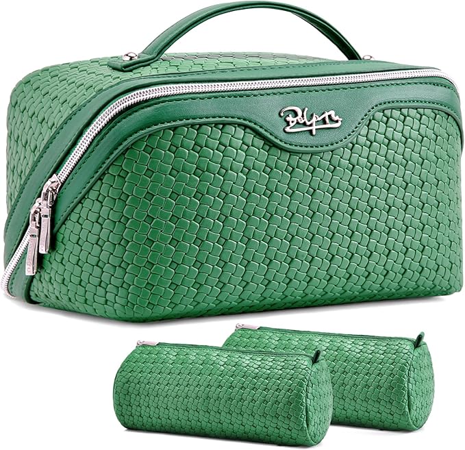 BOYATU Travel Makeup Bag Cosmetic Bags for Women: Large Capacity 3 Pcs Set Make up Bag with Compartments - Waterproof Vegan Leather Toiletry Organizer Bags with Handle - Travel Essentials(L12 Green)