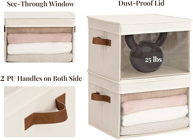 StorageWorks Storage Bins with Lid and Clear Window, Fabric Storage Boxes with Lids, Stackable Basket for Shelves, Closet Organizer and Storage Bins, Beige, Large, 4-Pack