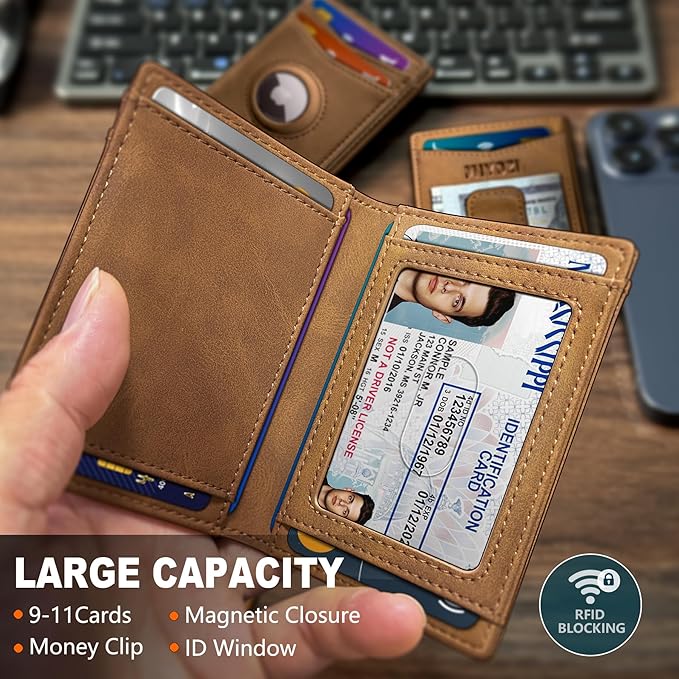 Airtag Wallet for Men- with Money Clip Gift Boxed, Magnetic Closure Slim Genuine Leather Front Pocket Wallet, 4.1"x 2.8", RFID Blocking