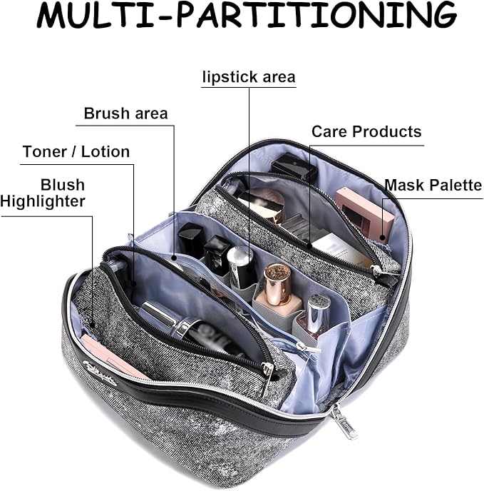 Travel Makeup Bag Cosmetic Bags for Women: 3 Sets Large Capacity Make up Bag - Portable Toiletry Bags with Handle for Women(05-Black)