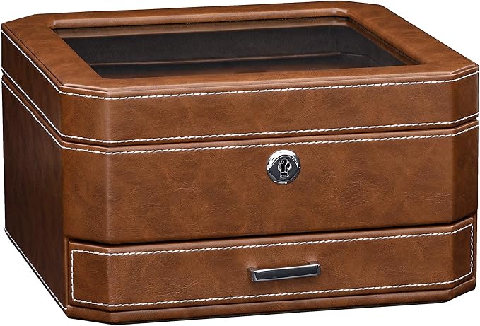 ROTHWELL 6 Slot Leather Watch Box with Valet Drawer - Luxury Case Display Organizer, Microsuede Liner, Locking Mens Jewelry Watches Holder, Men's Watch Storage Large Glass Top (Tan/Brown)