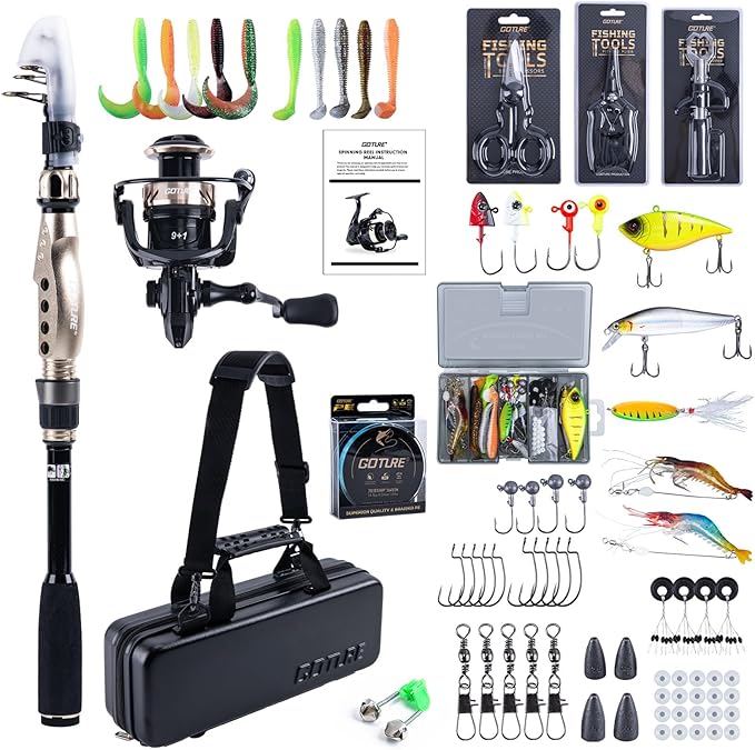 Goture Fishing Rod and Reel Combo - Carbon Fiber Telescopic Fishing Pole - Spinning Reel 9+1 Shielded Bearings Stainless Steel BB - E
