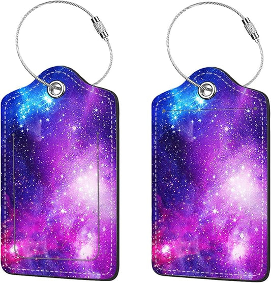 2 Pcs Luggage Tags for Suitcase, Cute Unique PU Leather Travel Bag Tag with Privacy Cover ID Label Address Card and Durable Metal Ring Suitable for Men Women Children Backpack,Purple Star River