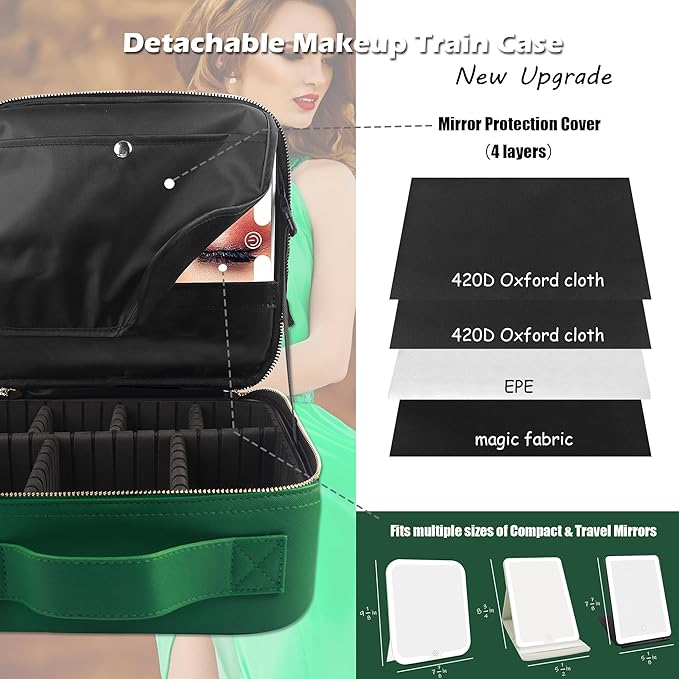 MOMIRA Travel Makeup Bag Cosmetic Bag Makeup Organizer Bag with Lighted Mirror, Adjustable Brightness in 3 Color Scenarios, Waterproof Makeup Train Case, Gift for Women - Emerald green