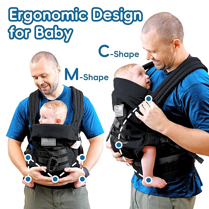Baby Carrier, Lumbar Support Infant Carrier (0-36M, 8-33 lbs) with Foldable Headrest Carabiners for Big and Tall Parents, Men, Women (Black)