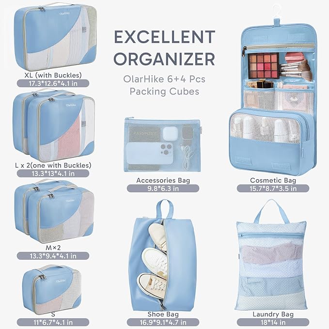 ALL INCLUDED 10 Set Durable Packing Cubes for Suitcases,OlarHike Essentials for Travel,UPGRADED Anti-Tear Stitching, NEW Improved Luggage Packing Organizers for Travel Accessories, Light Blue