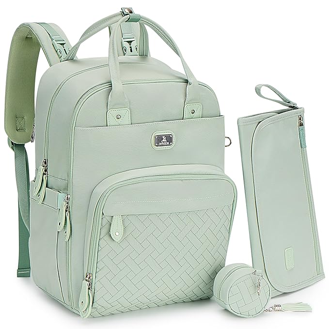 Dikaslon Diaper Bag Backpack with Portable Changing Pad, Pacifier Case and Stroller Straps, Large Unisex Baby Bags for Boys Girls, Multipurpose Travel Back Pack for Moms Dads, Mint Green