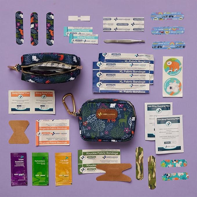 KeepGoing Small Travel First Aid Kit Kids – 60 Pc. Mini First Aid Kit for Purse, Diaper Bag, & Backpack with Latex-Free Bandages – 4 Oz., & 4.5 x 3.5 x 2 in, TSA-Approved