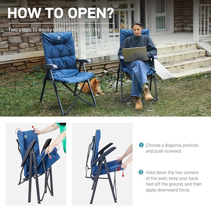 EVER ADVANCED Folding Padded Camping Chair 4 Positon Adjustable Recliner with High Back Support Portable for Adults, 300lbs Weight Capacity, Blue