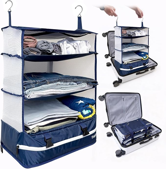 Grand Fusion Stow-N-Go Travel Luggage Organizer – Portable Hanging Travel Shelves, Carry-On Closet Organizer, Hanging Packing Cubes, Collapsible Carry-On Organizer for Cruises & Hotels. Blue - XL