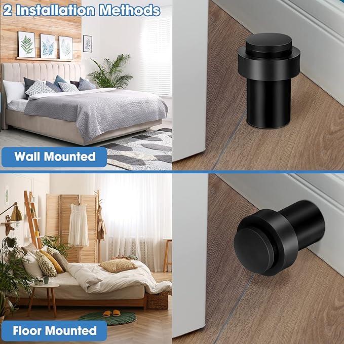 Chumia 10 Pcs Door Stopper Mounted Floor Stops Stainless Steel Cylindrical Stopper Modern Decorative Rubber Bumper Stops Holder Wall Protector for Bottom or Top of Door (Black)