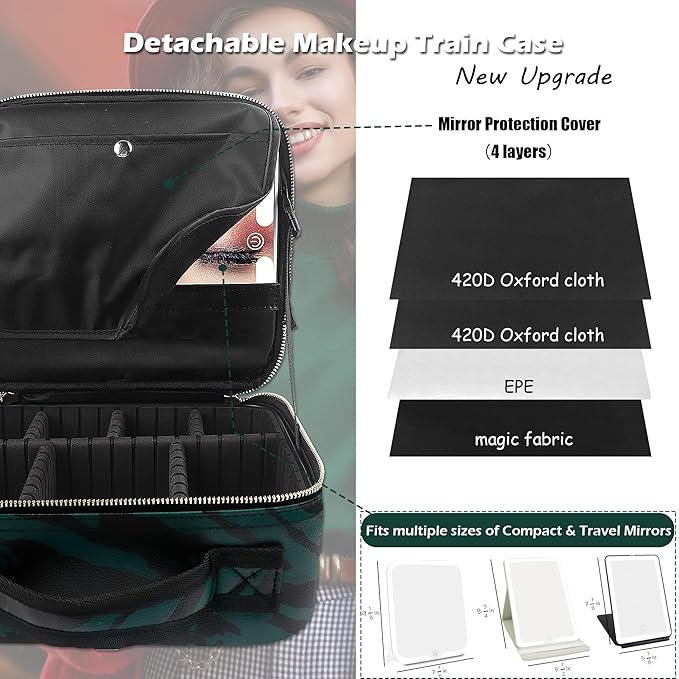 MOMIRA Travel Makeup Bag Cosmetic Bag with Lighted Mirror, Adjustable Brightness in 3 Color Scenarios, Waterproof, 10x Magnifying Mirror, Rotatable Independent Light Mirror- Zebra Green
