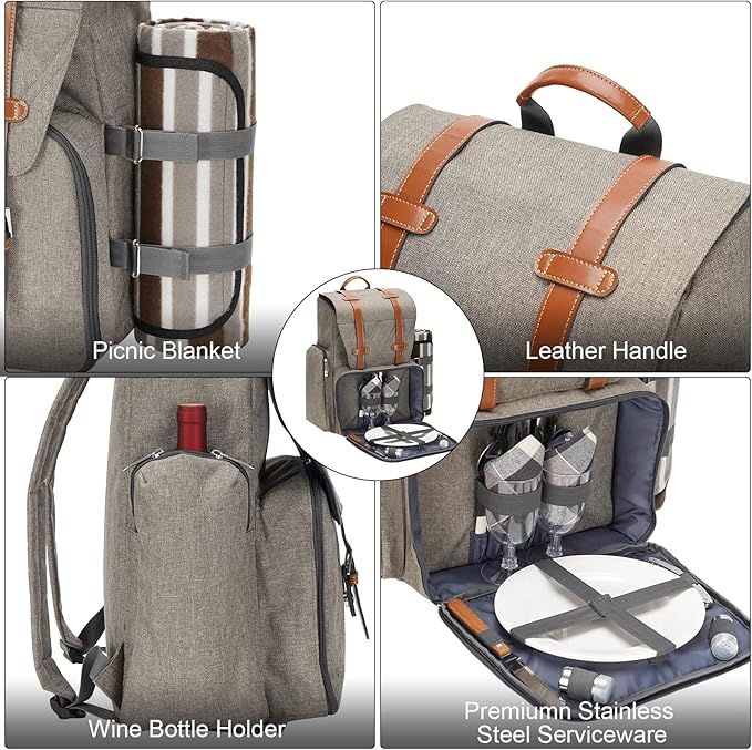 Picnic Backpack for 2 Person with Large Insulated Cooler Bag, Picnic Basket Set with Wine Pouch, Waterproof Picnic Blanket & Cutlery Set. Perfect for Beach, Camping,Wedding Gift for Couple.Beige