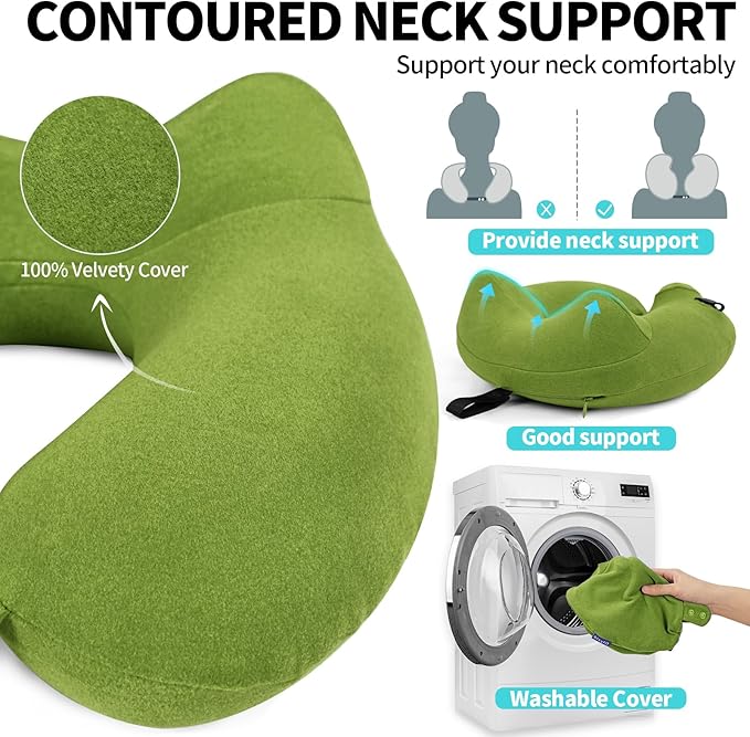 2 Pack Inflatable Travel Neck Pillows for Airplanes, Head Support Velvet Adult Neck Pillows for Long Flight, Kit with Eye Mask, Earplugs and Storage Bag, 2, Green