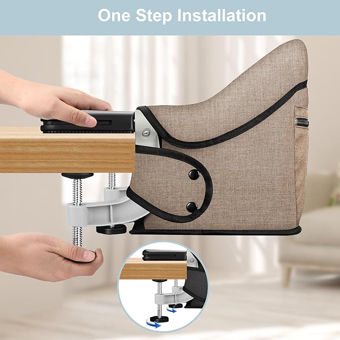 Clip-On High Chair with Removable Dining Tray for Babies and Toddlers, Fold-Flat Storage Portable Baby Feeding Seat, Attach to Fast Table Chair for Home Travel (Brown)