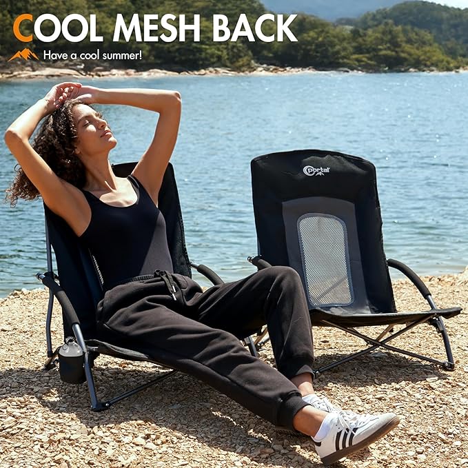 PORTAL Beach Chairs for Adults Camping Low Lightweight Portable Chair with Cup Holder Mesh Back Carry Bag for Outdoor Sand Lawn Travel Picnic Festival Concert, 350LBS
