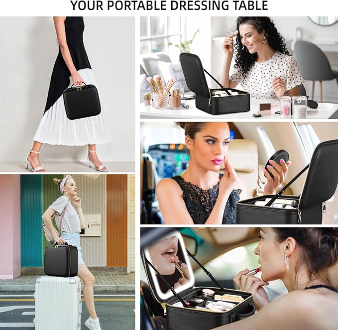 Lighted Travel Makeup Bag - 3 Colors, Mirror, 2-Layer Organizer with 10X Magnifying Mirror - Portable Cosmetic Case with Adjustable Dividers (Black)