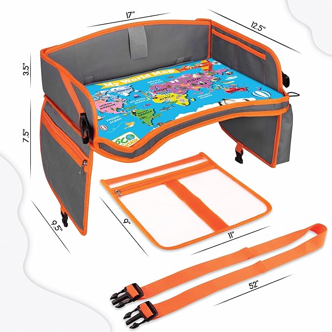 Kids Travel Tray - Waterproof Car Table with No-Drop Large Tablet Holder - Car Seat Tray - Road Trip Must Haves - Kids Lap Desk Organizer for Airplane - Toddler Travel Essentials (Orange)