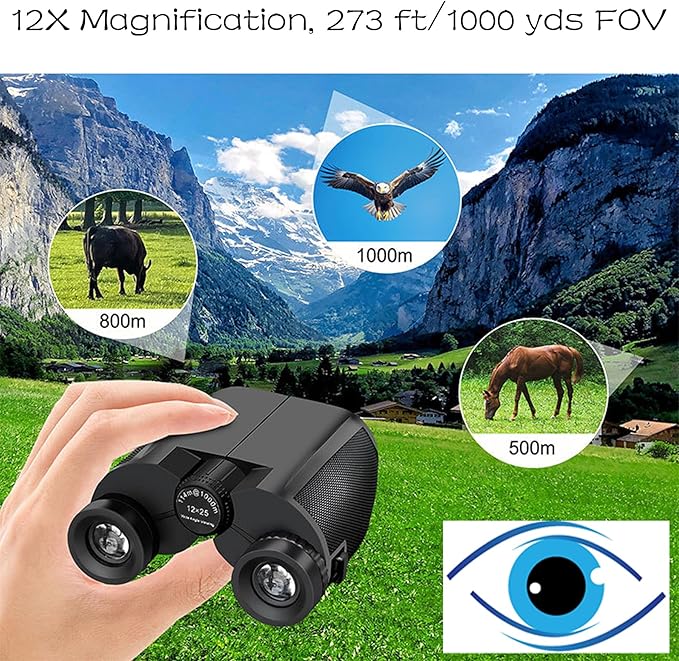 12x25 Compact Binoculars for Adults & Kids, High Powered Lightweight Waterproof Binoculars with Large Eyepiece, Low Light Vision for Bird Watching, Hunting, Travel, and Sightseeing