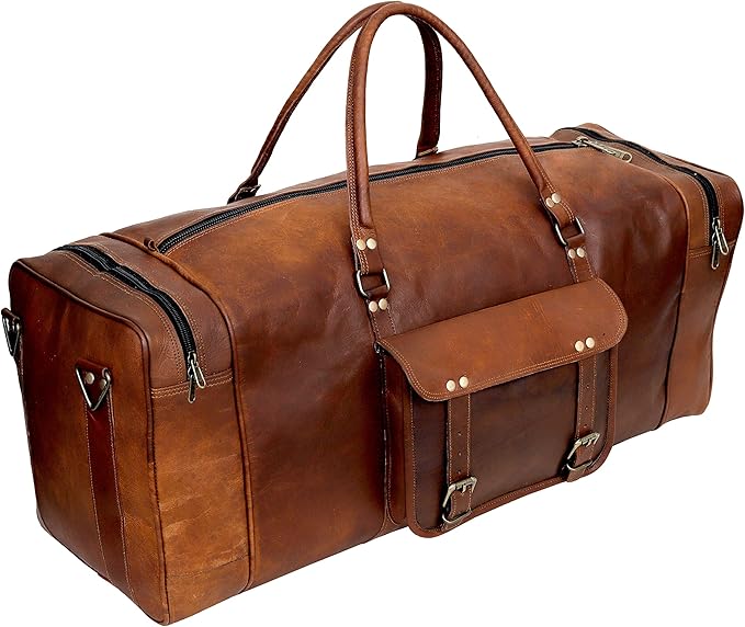 Leather 24 Inch Luggage Handmade Duffel Bag Carryall Weekender Travel Overnight Gym Sports Carry On Duffel Bag For Men And Women