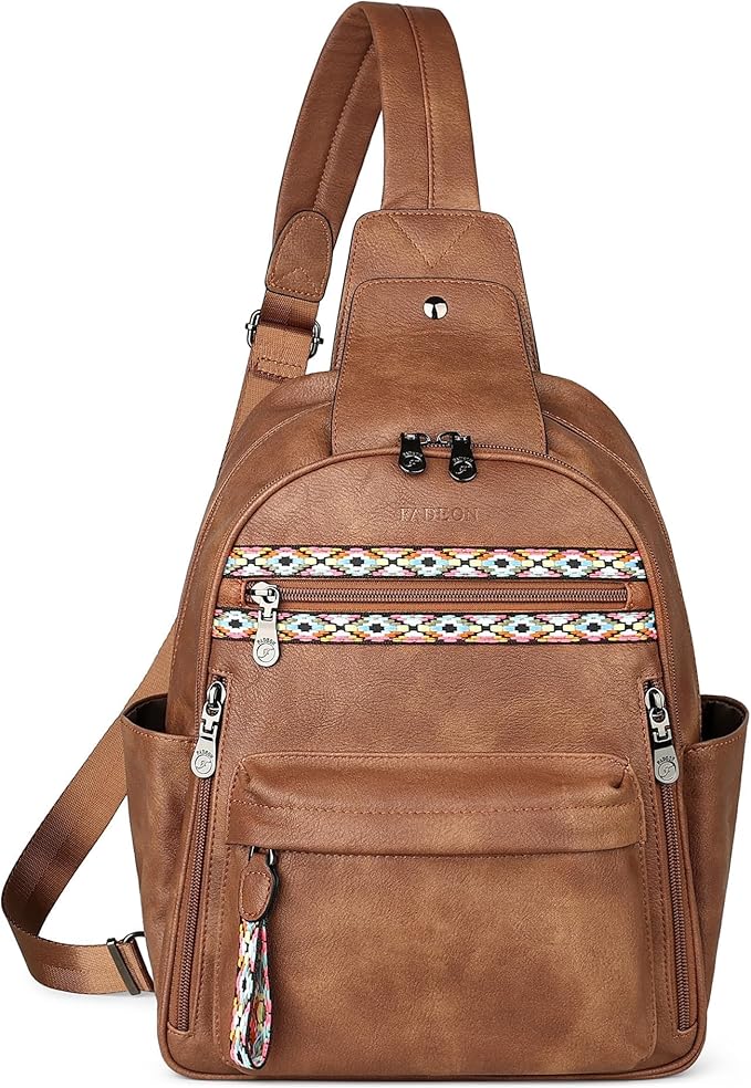 FADEON Large Sling Bag for Women, Leather Crossbody Purse Designer Anti Theft Sling Backpack, RFID Fanny Packs for Travel