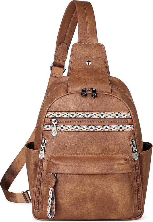 FADEON Large Sling Bag for Women, Leather Crossbody Purse Designer Anti Theft Sling Backpack, RFID Fanny Packs for Travel