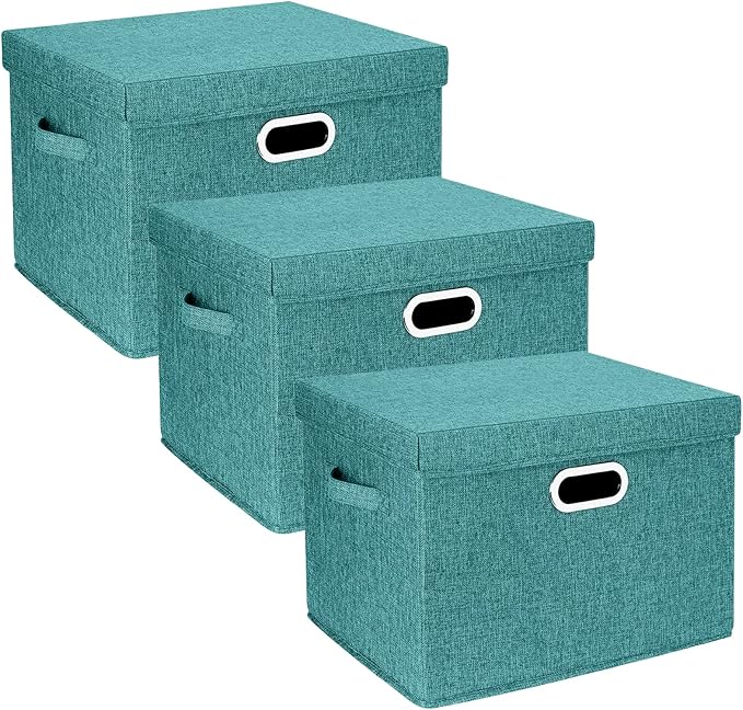 TYEERS Large Storage Bins with Lids, Collapsible, Washable, Fabric Storage Boxes for Organizing, 17.3x11.8x11.4 inches, 3 Pack, Aqua Deep