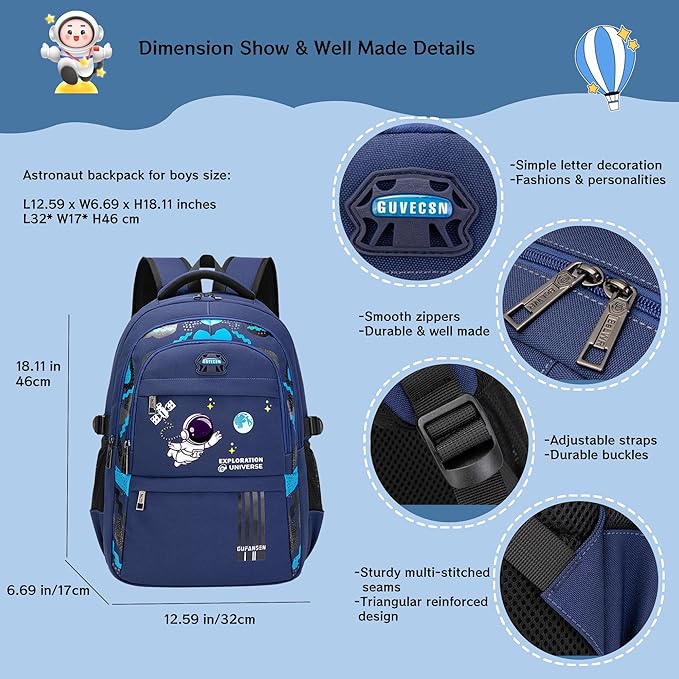 MITOWERMI Astronaut Backpack for Boys School Bags Space Kids Backpack for School Elementary Book Bags Girls Lightweight Travel Back Packs Blue